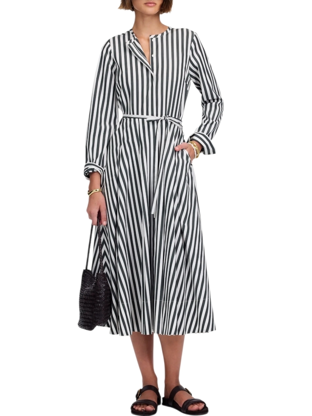 Madewell Janis Stripe Long Sleeve Cotton Poplin Shirtdress In Deep Forest